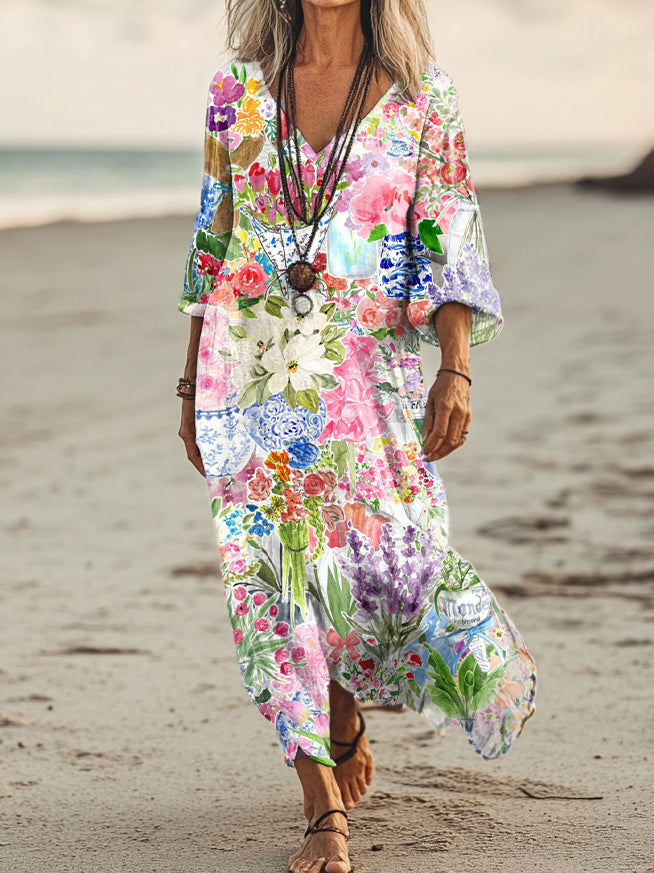 Women's Vintage Floral Art Print Pocket Cotton Dress