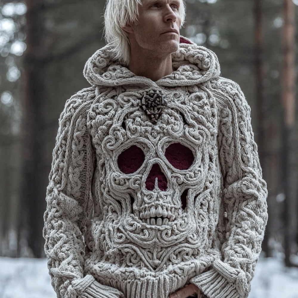 Men Halloween Red Eyed Skull With Antique Embroidery Hooded Sweater artswardrobe