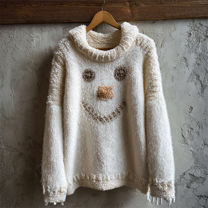 Lovely Snowman Face Cozy Fuzzy Knit Sweater artswardrobe