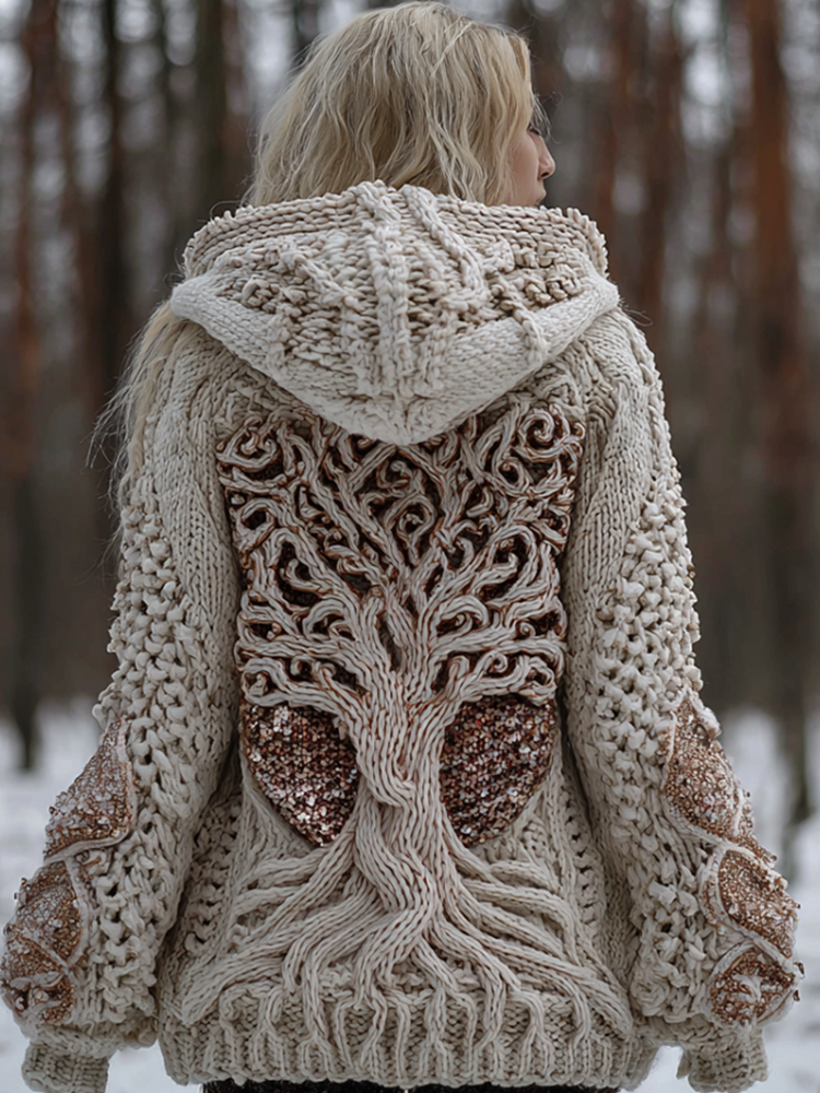 Viking Retro Style Women's Winter Warm Hooded Knit Sweater Jacket artswardrobe