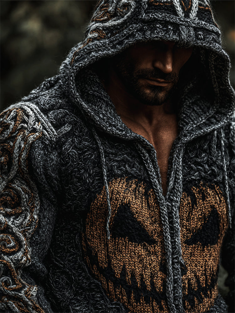Men's Halloween Pumpkin Vintage Celtic Cozy Chunky Full Zip Hooded Sweater artswardrobe