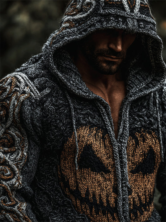 Men's Halloween Pumpkin Vintage Celtic Cozy Chunky Full Zip Hooded Sweater artswardrobe
