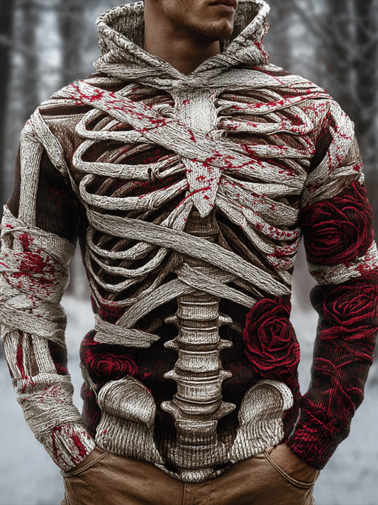 Halloween Line Design Retro Men's Knit Hooded Sweater artswardrobe