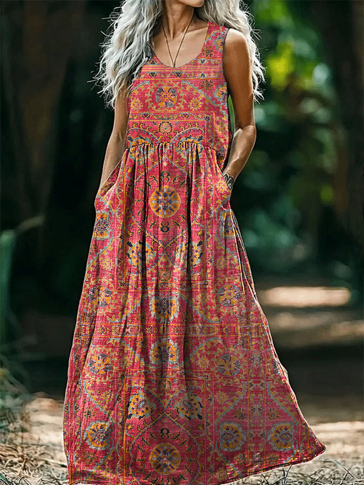 Women's Vintage Ethnic Floral Art Print V-Neck Button Pocket Cotton Dr