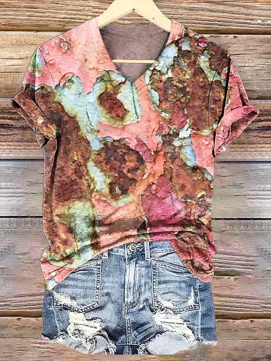 Women's Vintage Textured Art Print Casual V-neck T-shirt