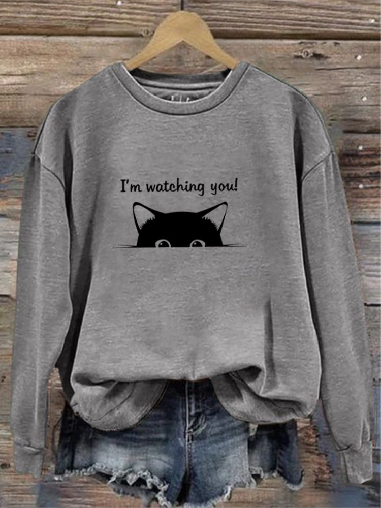 Comstylish I'm Watching You! Black Cat Print Sweatshirt