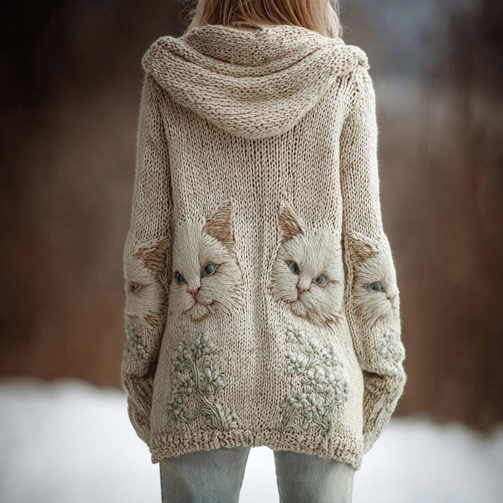 Cute Cats Embroidered Cozy Knit Hooded Cardigan elevenforest