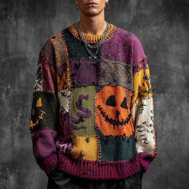 Men's Halloween Inspired Patchwork Cozy Knitted Sweater artswardrobe