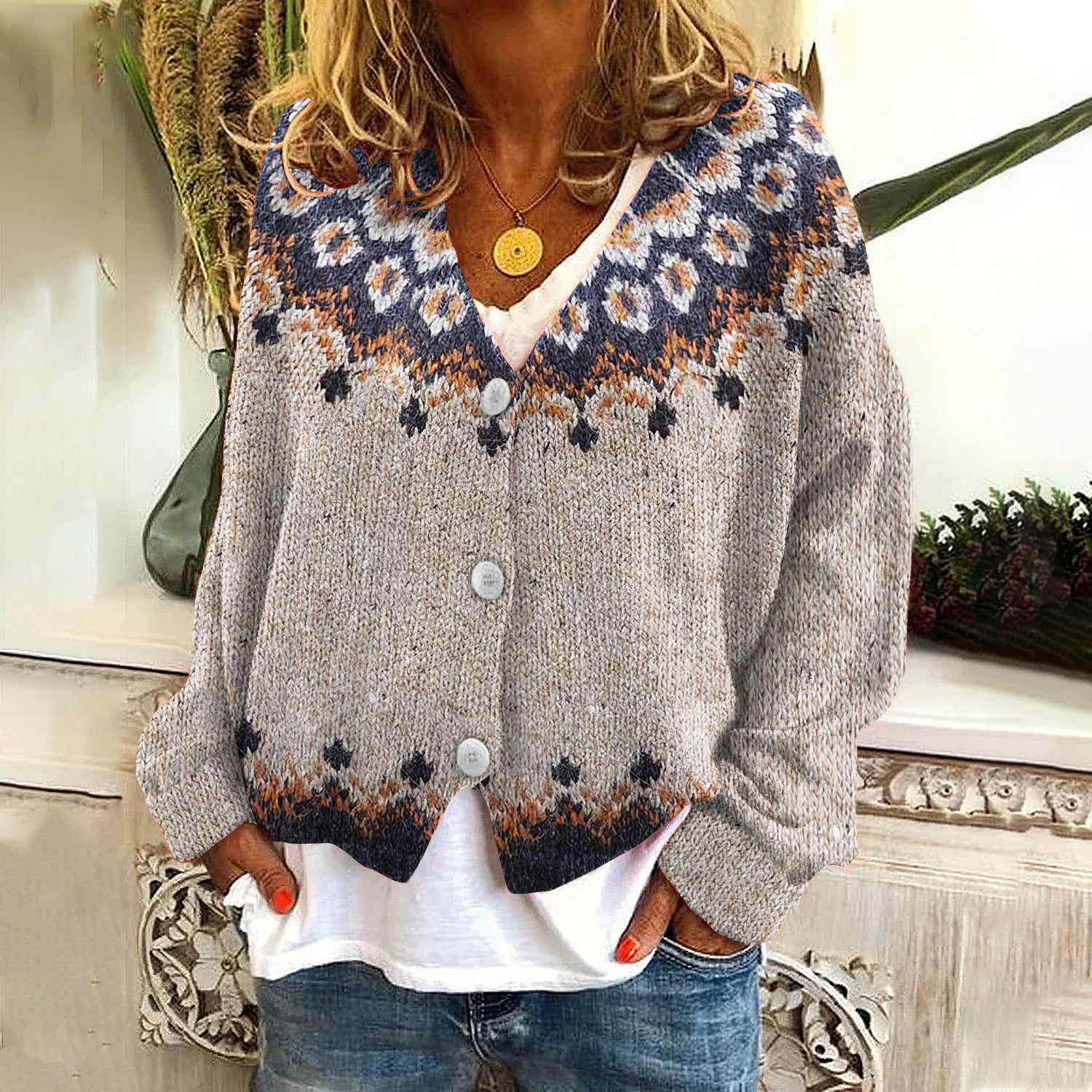 Vintage Geometry Contrast Jacquard V Neck Button Cozy Sweater elevenforest