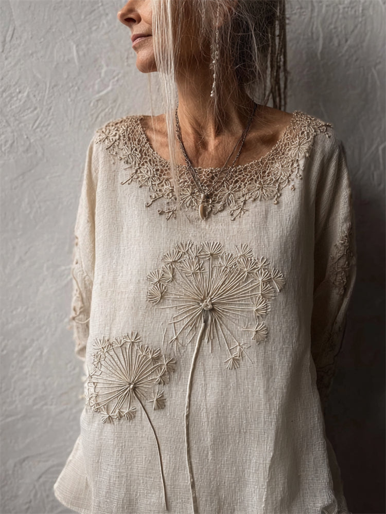 Vintage Dandelion Embroidered Lace Hem Linen Tunic artswardrobe
