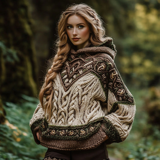 Women's Vintage Celtic Knotted Contrast Color Hooded Sweater artswardrobe