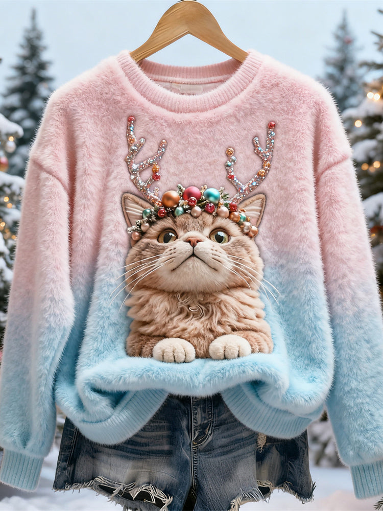 Comstylish Christmas Antler Cat Design Women's Flannel Sweater