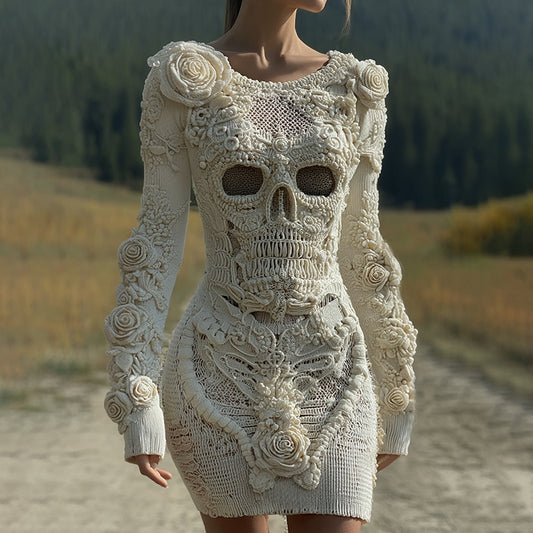 Women's Vintage Halloween Skull With Rose Art Cozy Knit Mini Sweater Dress artswardrobe