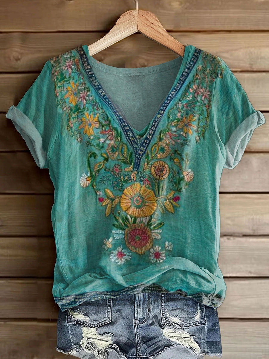 Women's Vintage Floral Art Print V-Neck Short Sleeve Cotton T-Shirt