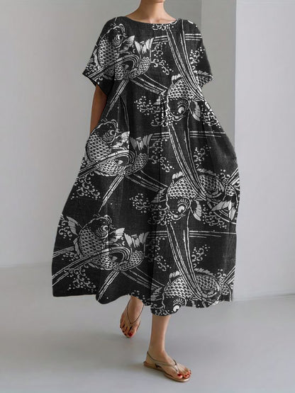 Comstylish Koi Fish Sea Waves Japanese Pattern Linen Blend Maxi Dress