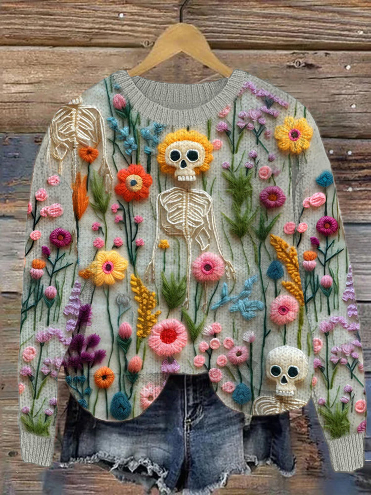 Ghost & Floral Embroidery Pattern Vintage Knit Sweater artswardrobe