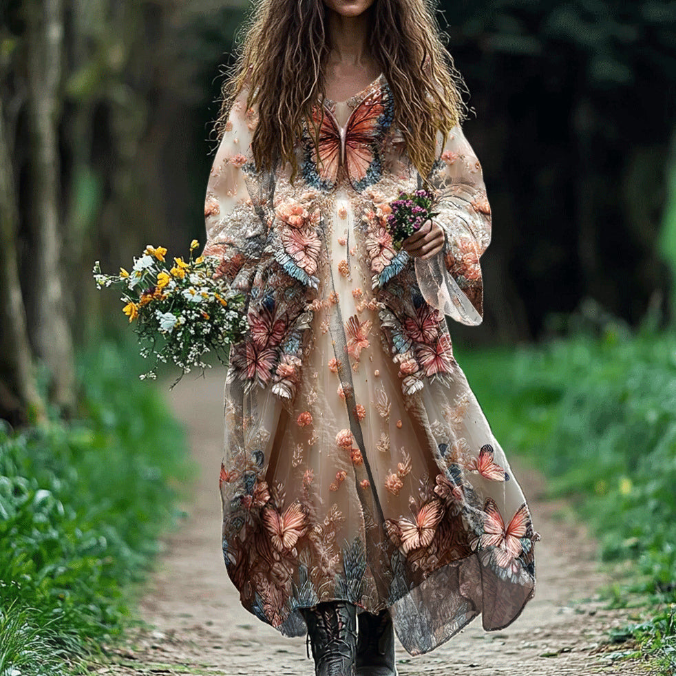 Vintage Butterfly Floral Flowy Linen Blend Maxi Dress artswardrobe