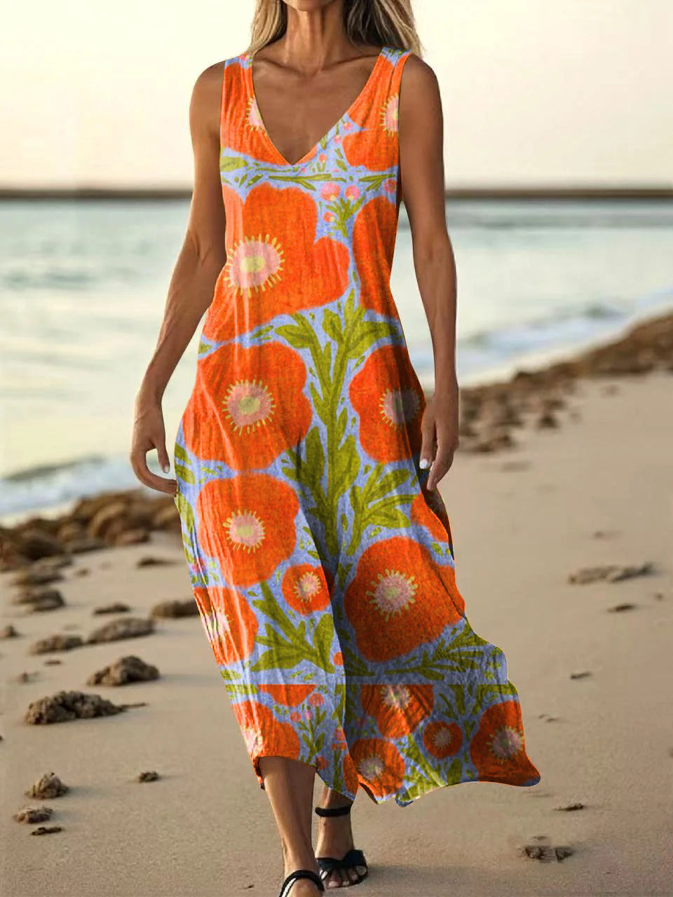 Women's Floral Art Print Pocket Cotton Dresses