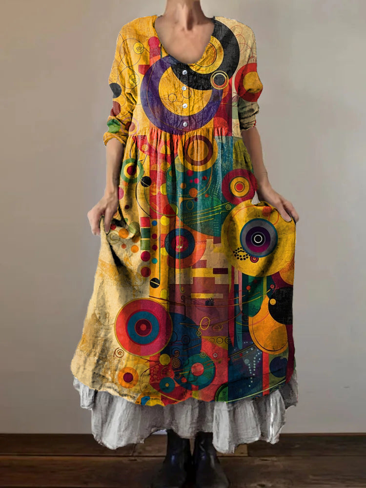 Women's Retro Abstract Art Patterns Print Button Pocket Cotton Dress