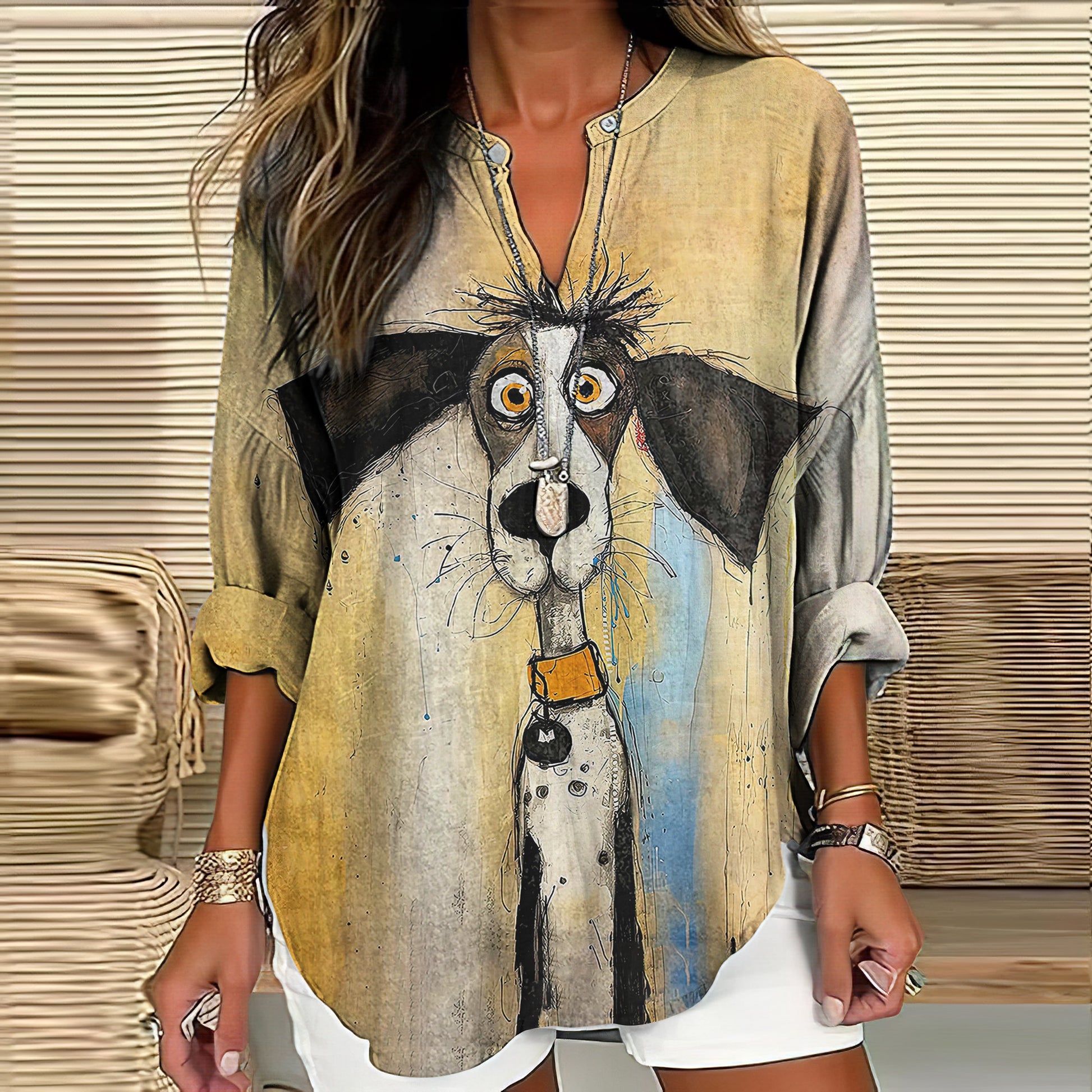 Comstylish Puppy Dog Art Printed Casual V Neck Shirt