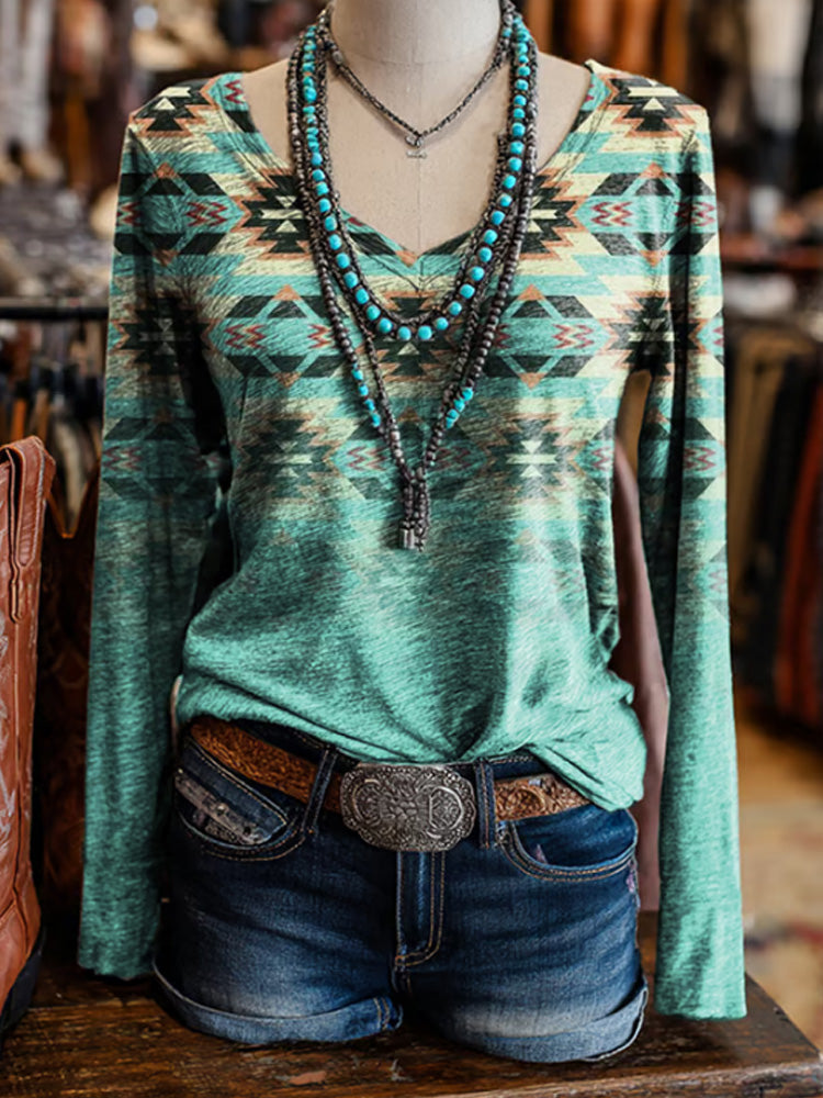 Women's Retro Western Print V-neck Long Sleeve T-shirt artswardrobe