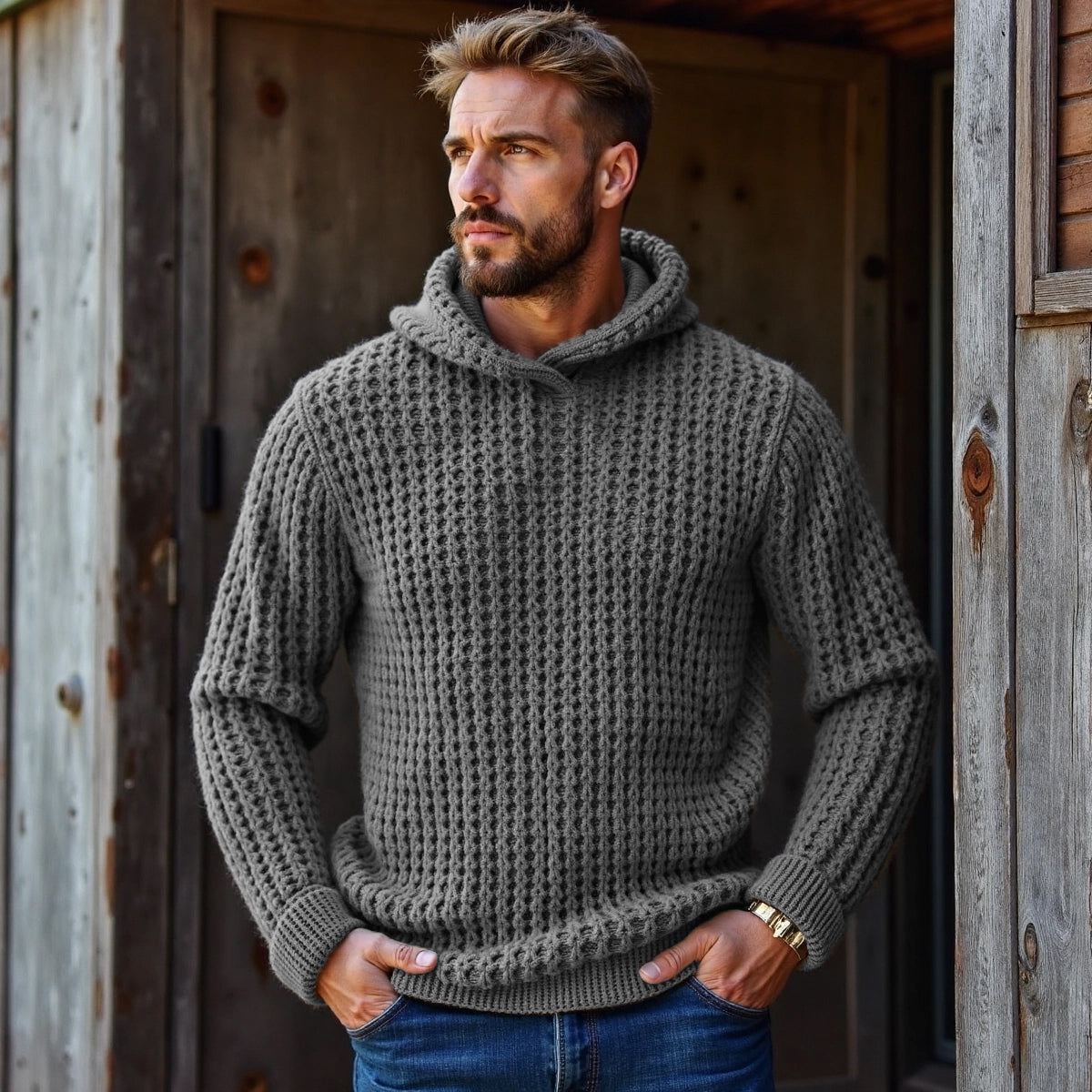 Men's Vintage Plaid Woven Solid Color Hooded Sweater artswardrobe