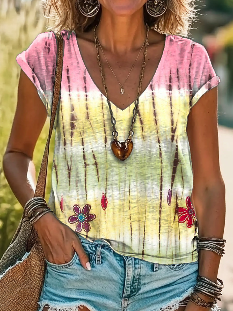 Colorful Tie-dye Stripe Art Print 100% Cotton V-neck T-shirt