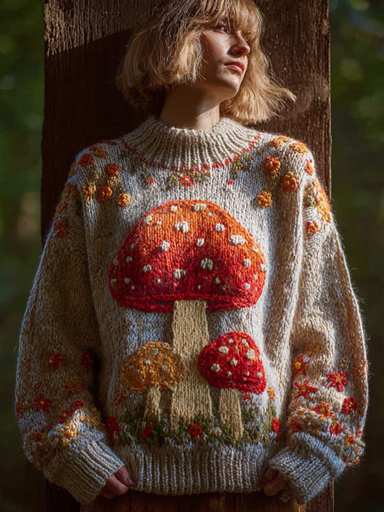 Women's Retro Mushroom Print Crew Neck Sweater artswardrobe