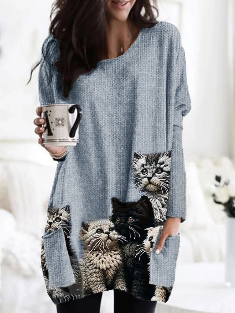 Comstylish Fuzzy Cats Crochet Art Patch Pocket Cozy Knit Cardigan