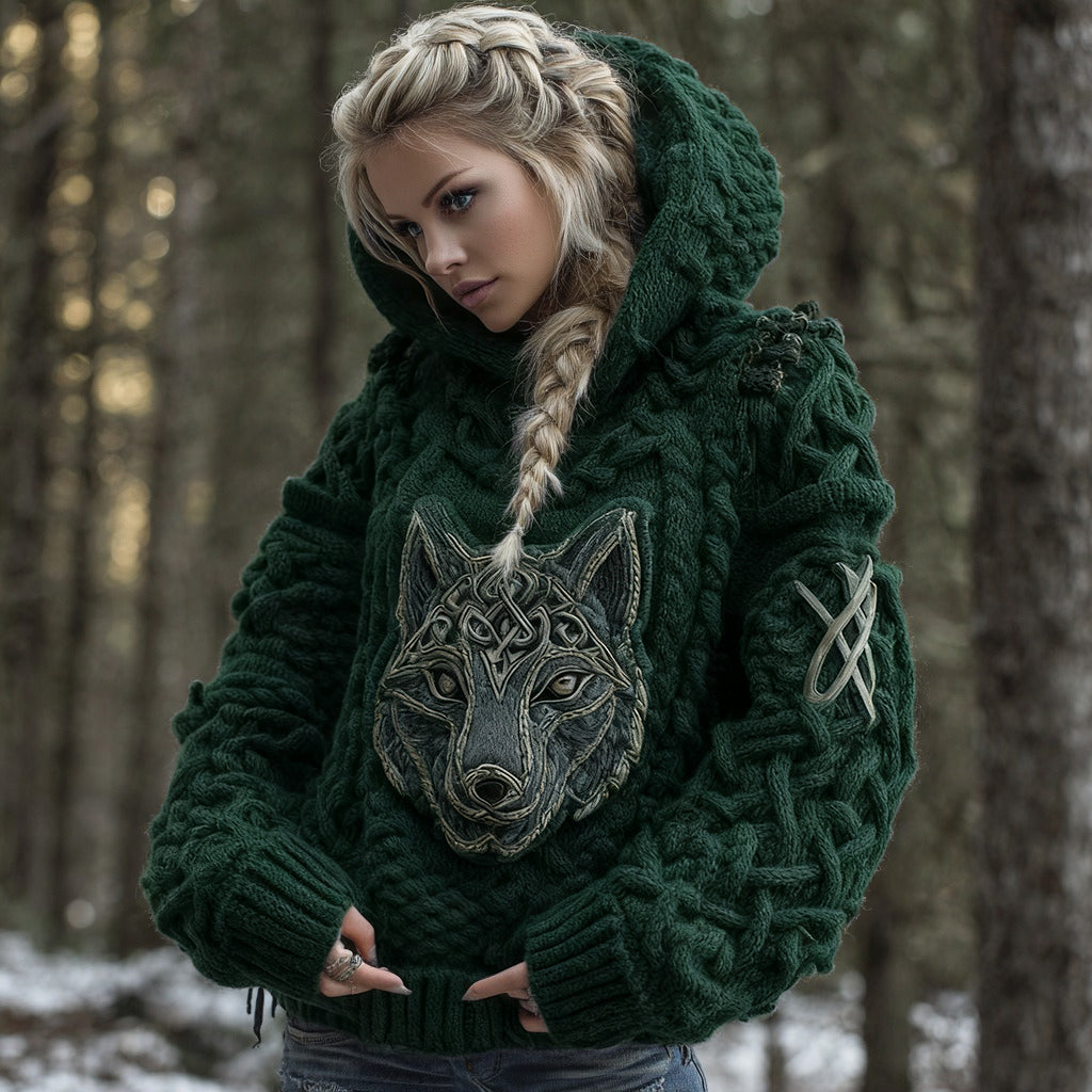 Women's Viking Celtic Wolf Knit Jacquard Warm Hooded Sweater artswardrobe