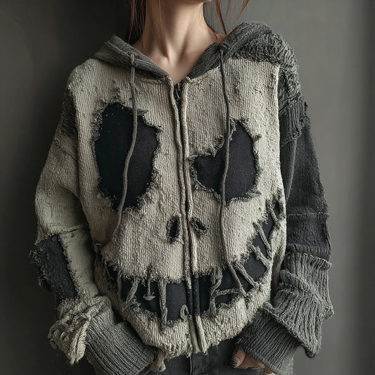 Halloween Spooky Smiley Face Knitted Warm Hooded Zip-up Sweater artswardrobe