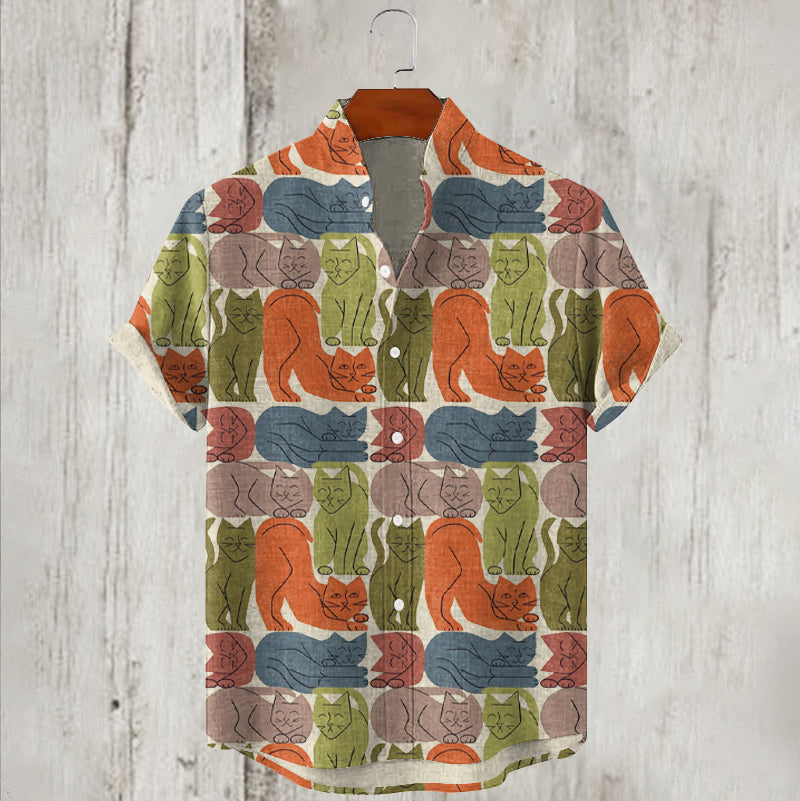 Funny Abstract Cat Graphics Print Linen Men's Shirt artswardrobe