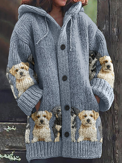 Comstylish Vintage Cute Dogs Art Print Cozy Button Sweater