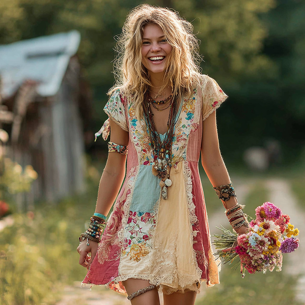 Women's Floral Patchwork Art Short-sleeved V-neck Dress artswardrobe