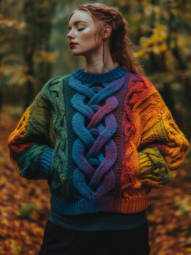 Women's Irish Rainbow Pattern Jacquard Pocket Cozy Sweater artswardrobe