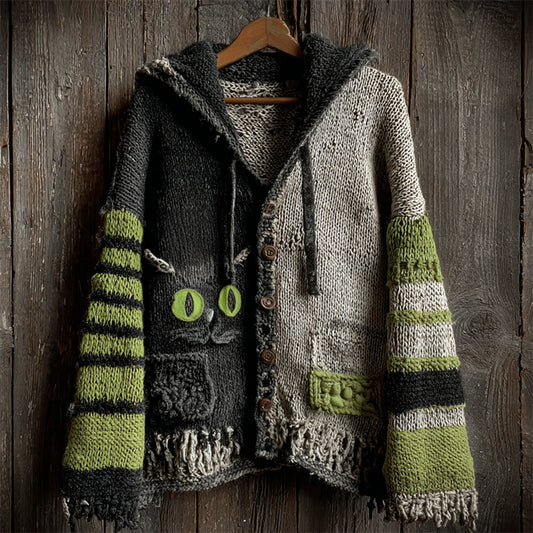 Halloween Black Cat Contrast Striped Hooded Cozy Knit Cardigan elevenforest