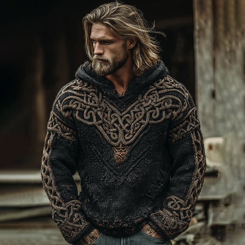Men's Viking Celtic Knot Jacquard Knit Hoodie Sweater artswardrobe