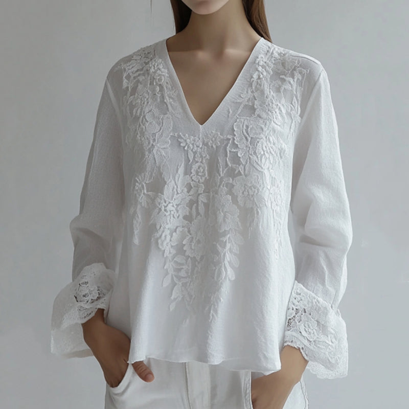 Vintage Floral Lace Embroidered V Neck Comfy Tunic artswardrobe