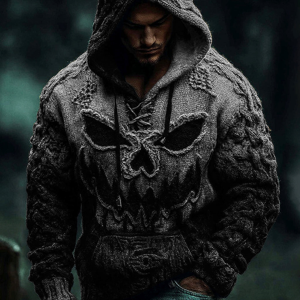 Men's Halloween Pumpkin Face Gradient Jacquard Knit Hooded Sweater artswardrobe