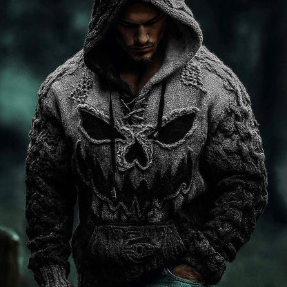 Men's Halloween Pumpkin Face Gradient Jacquard Knit Hooded Sweater artswardrobe