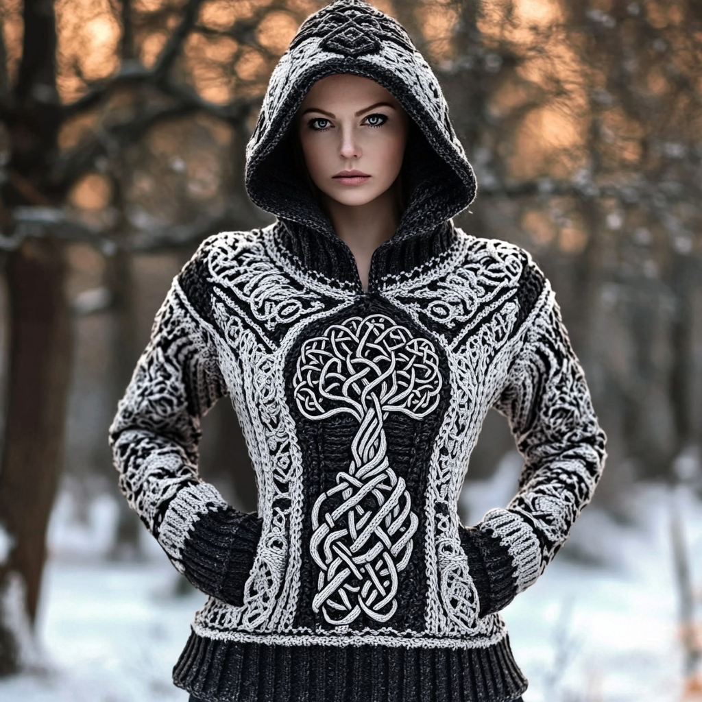 Women's Viking Tree Style Celtic Knit Warm Hooded Sweater artswardrobe