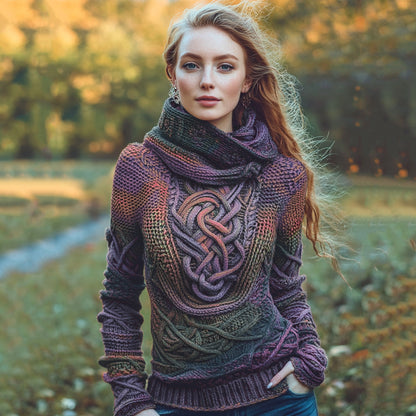 Women's Irish Rainbow Pattern Jacquard Pocket Cozy Hooded Sweater elevenforest