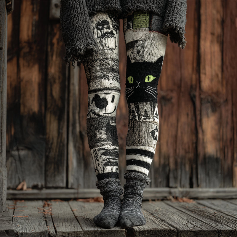Comstylish Halloween Black Cat Inspired Patchwork Cozy Knit Leggings