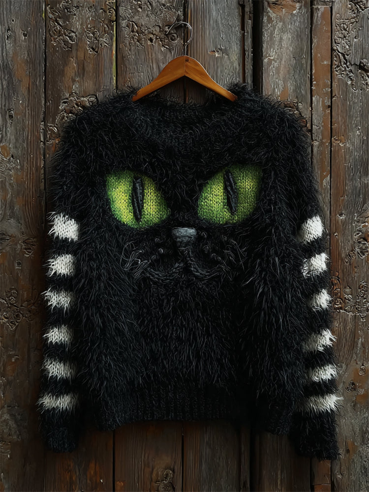 Halloween Fuzzy Black Cat Striped Cozy Knit Sweater elevenforest