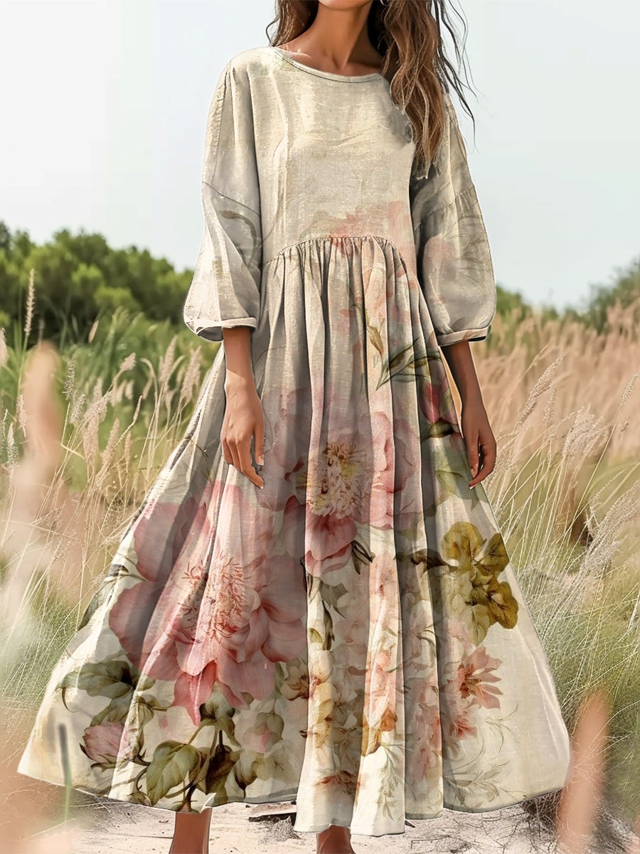 Women's Vintage Watercolor Floral Print Flowy Cotton Crew Neck Dress