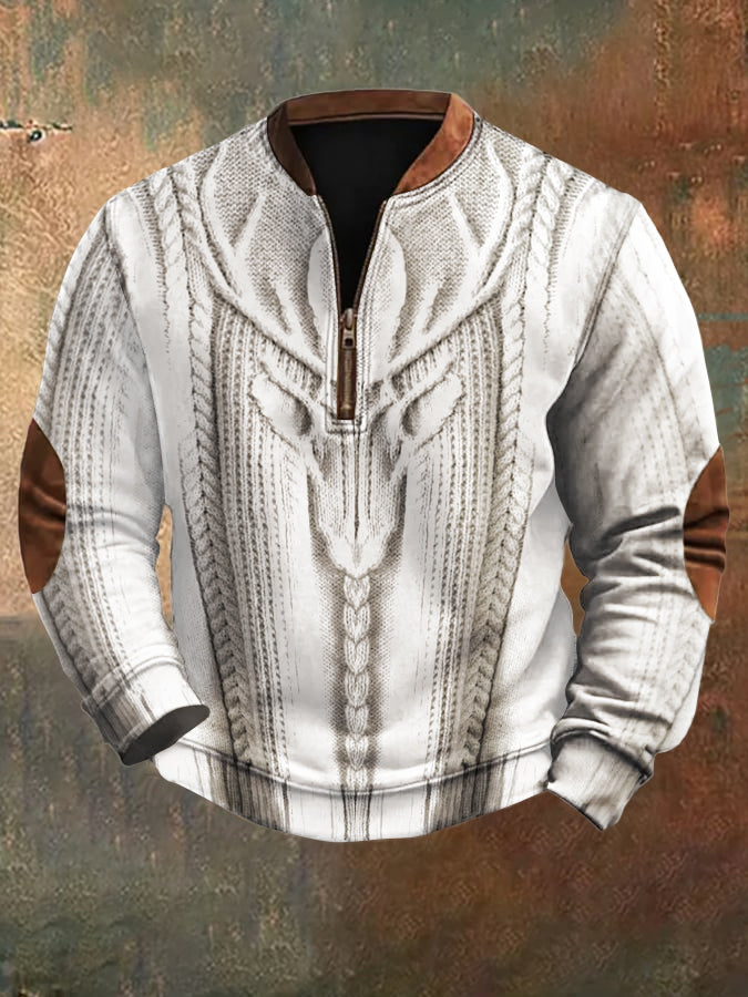 Men's Retro Wild Deer Graphic Jacquard Zip Collar Sweatshirt elevenforest