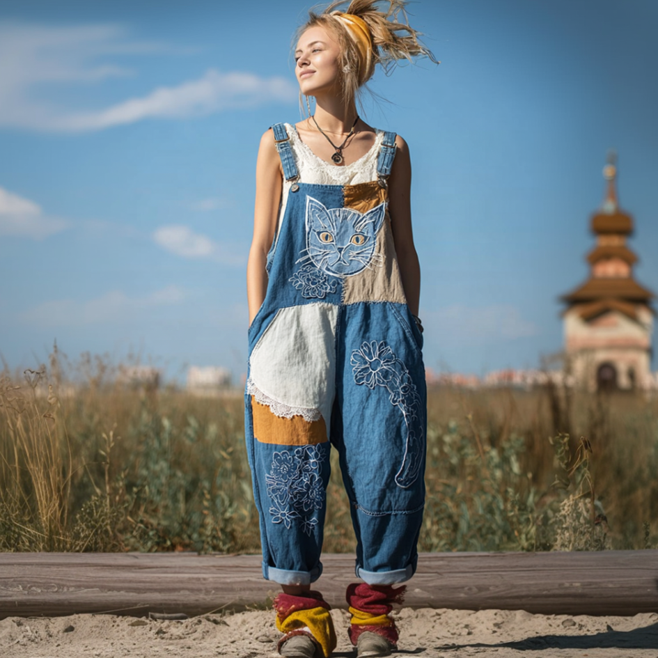 Comstylish Japanese Art Style Cat And Plant Flower Pattern Embroidery Women's Cotton And Linen Overalls.