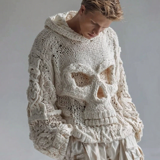 Men's Skull Pattern Cozy Knit Hooded Sweater artswardrobe
