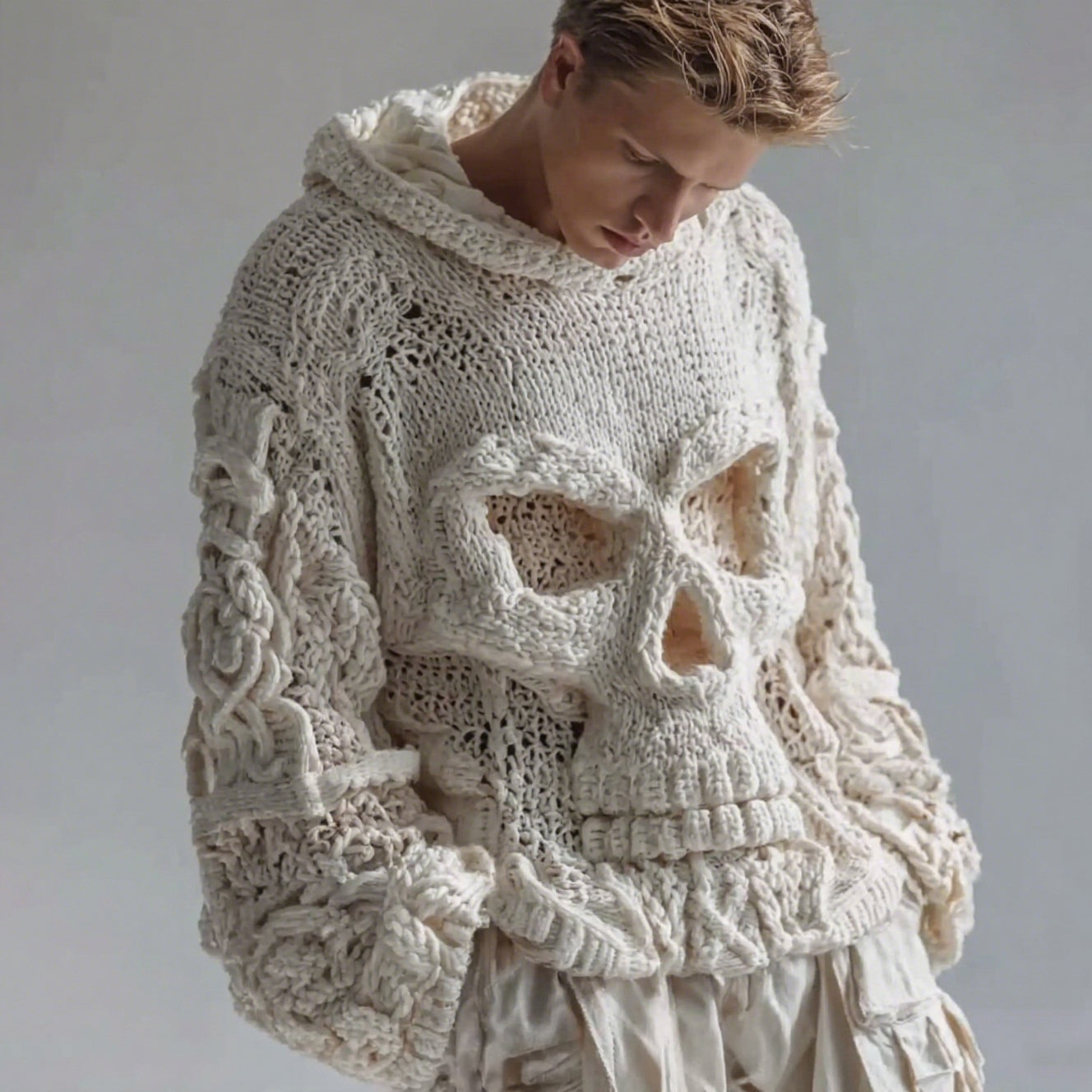 Men's Skull Pattern Cozy Knit Hooded Sweater elevenforest