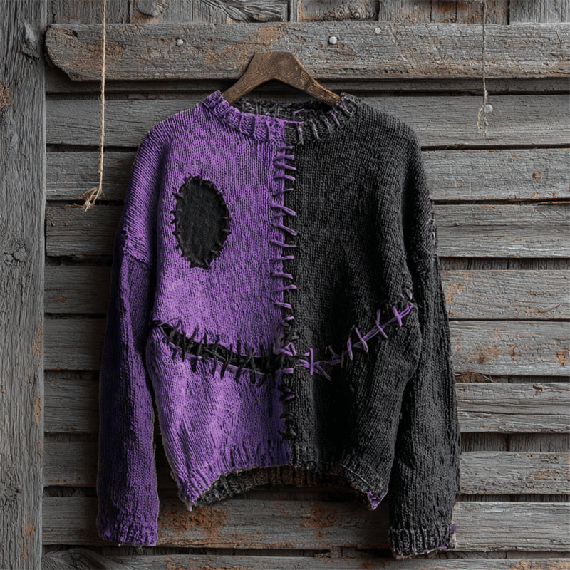 Halloween Spooky Face Contrast Stitched Cozy Knit Sweater artswardrobe